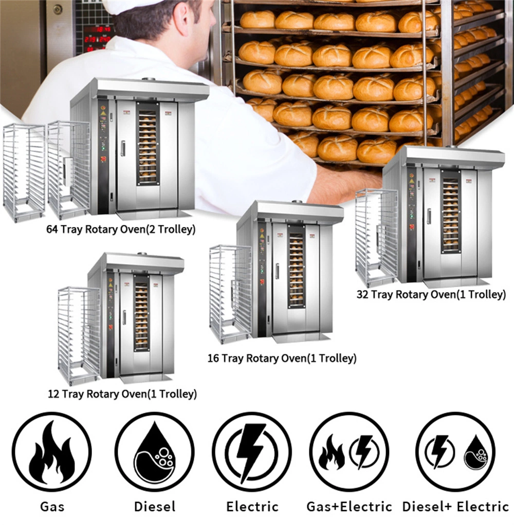 Pão comercial a cozedura no forno de máquinas de Panificação Cupcake gases com efeito de estufa com aço inoxidável Ovenelectric Gás Rotaryoven Pão Pizza