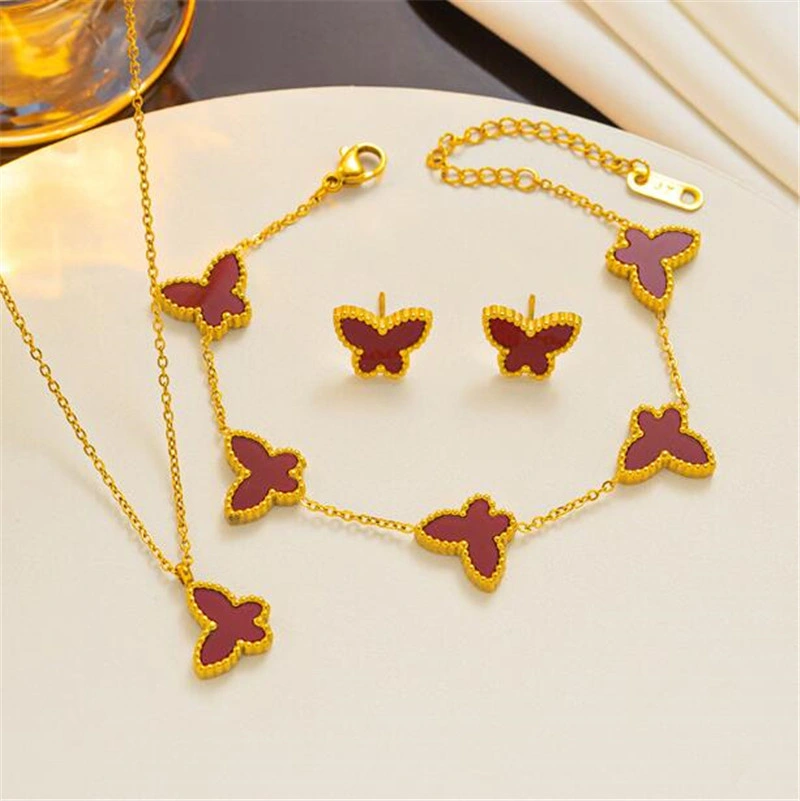 3PCS/Set Fashion Christmas Red Butterfly Jewelry Set Custom Stainless Steel Butterfly Earrings Necklace Bracelets Set