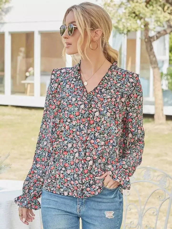 New Floral Print V Neck Ruffled Sleeve Bottom Women's Blouses and Shirts