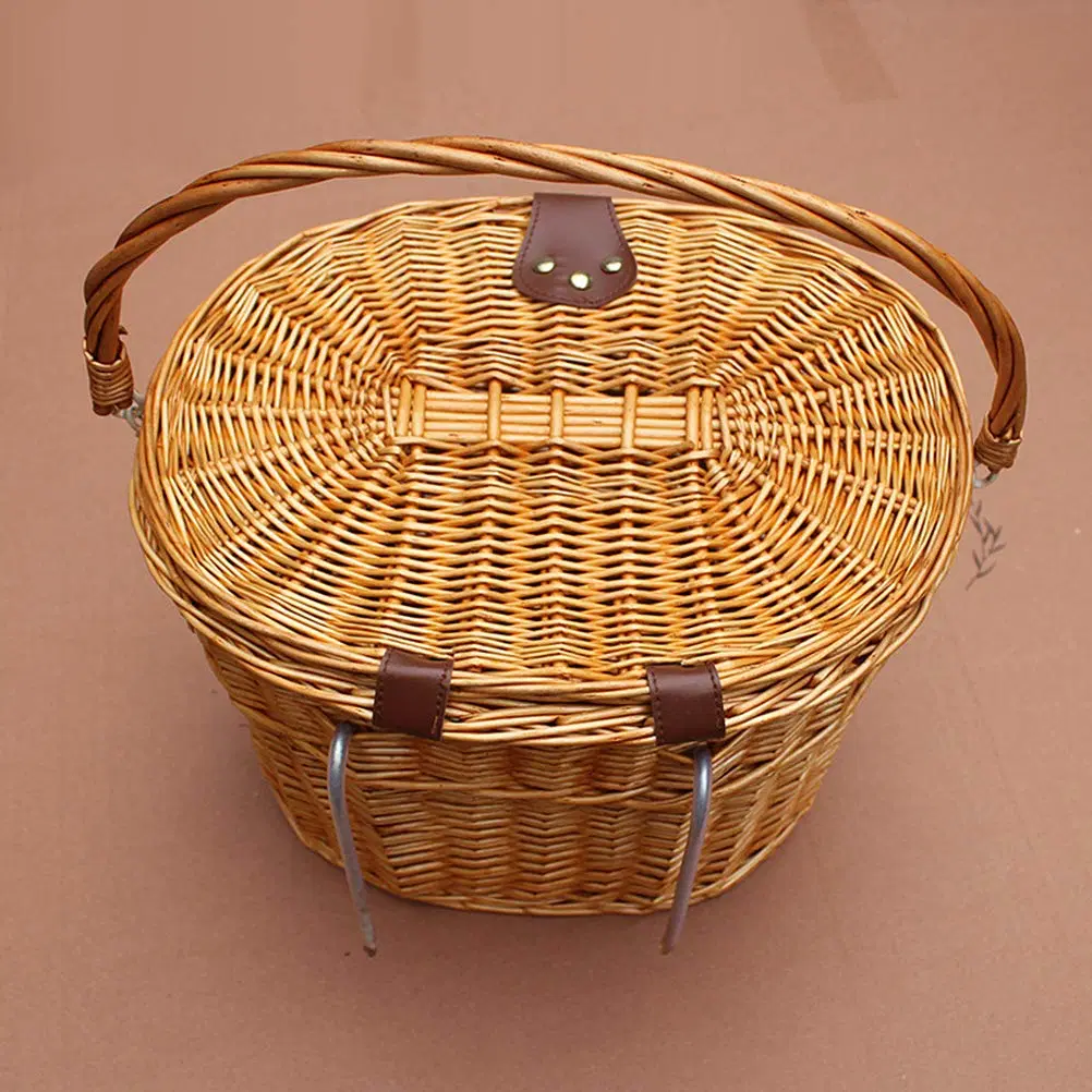 Hand-Made Front Handlebar Wicker Bike Basket with Cover Adjustable Strip Natural