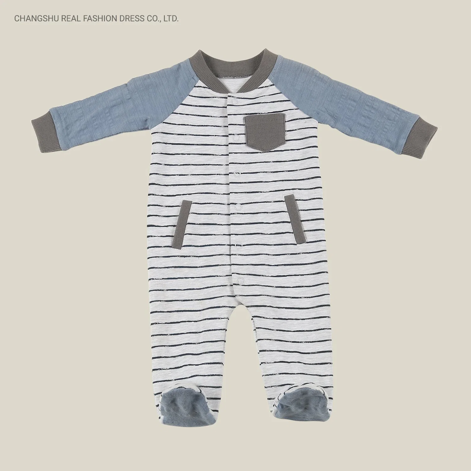 Infant Newborn Baby Comfortable Knitted Stripe Footed Coverall Romper Wear with Blue Sleeve