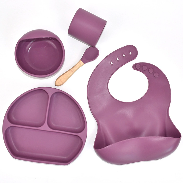 High quality/High cost performance  Nonslip Large Food Grade Silicone Baby Feeding Bibs Bowl Spoon Set