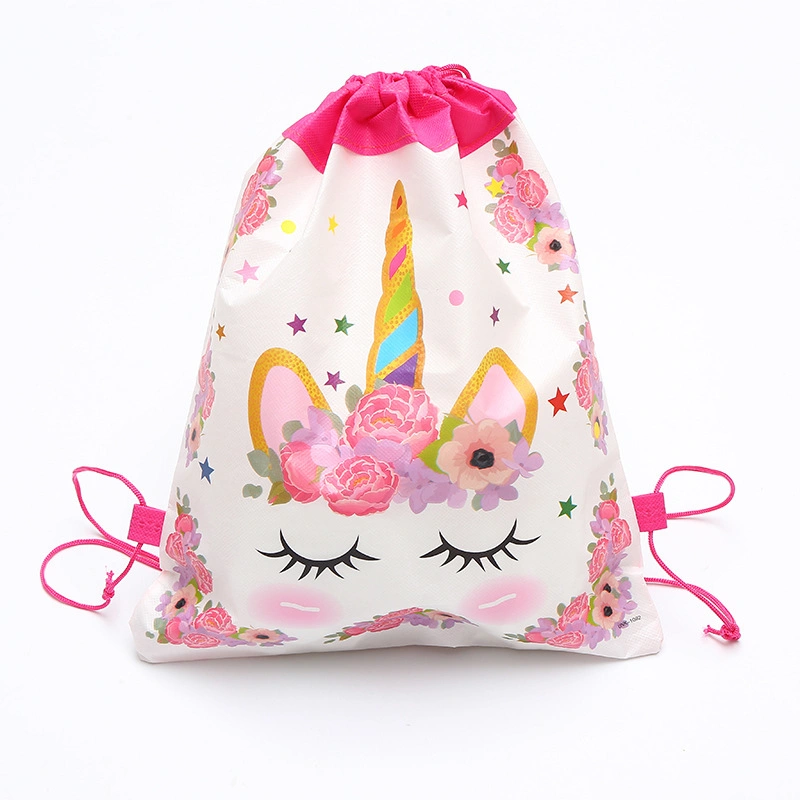 Kids Unicorn Drawstring Backpack Cute Cartoon Polyster String Backpack Travel Rope Drawstring Bag