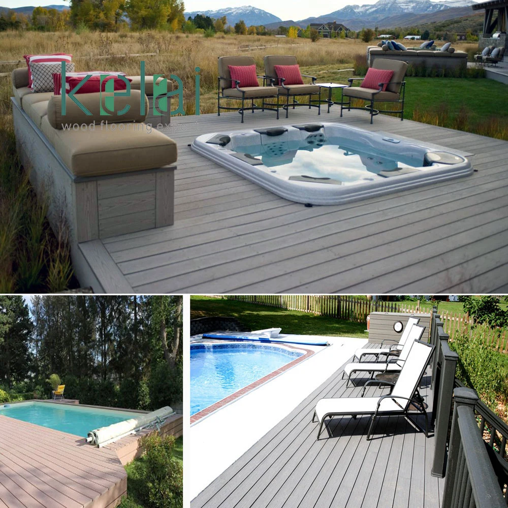 Madeira plástico Composite Flooring Tile, Outdoor sintético teca decking, UV resistente Anti-Slip natação Piscina piso de madeira 140 * 25 mm