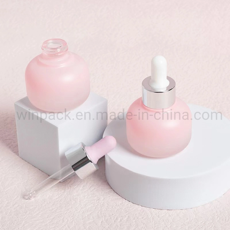 15ml 30ml 50ml Round Shape Custom Pink Color Glass Dropper Container with Gold Dropper for Cosmetic Packaging