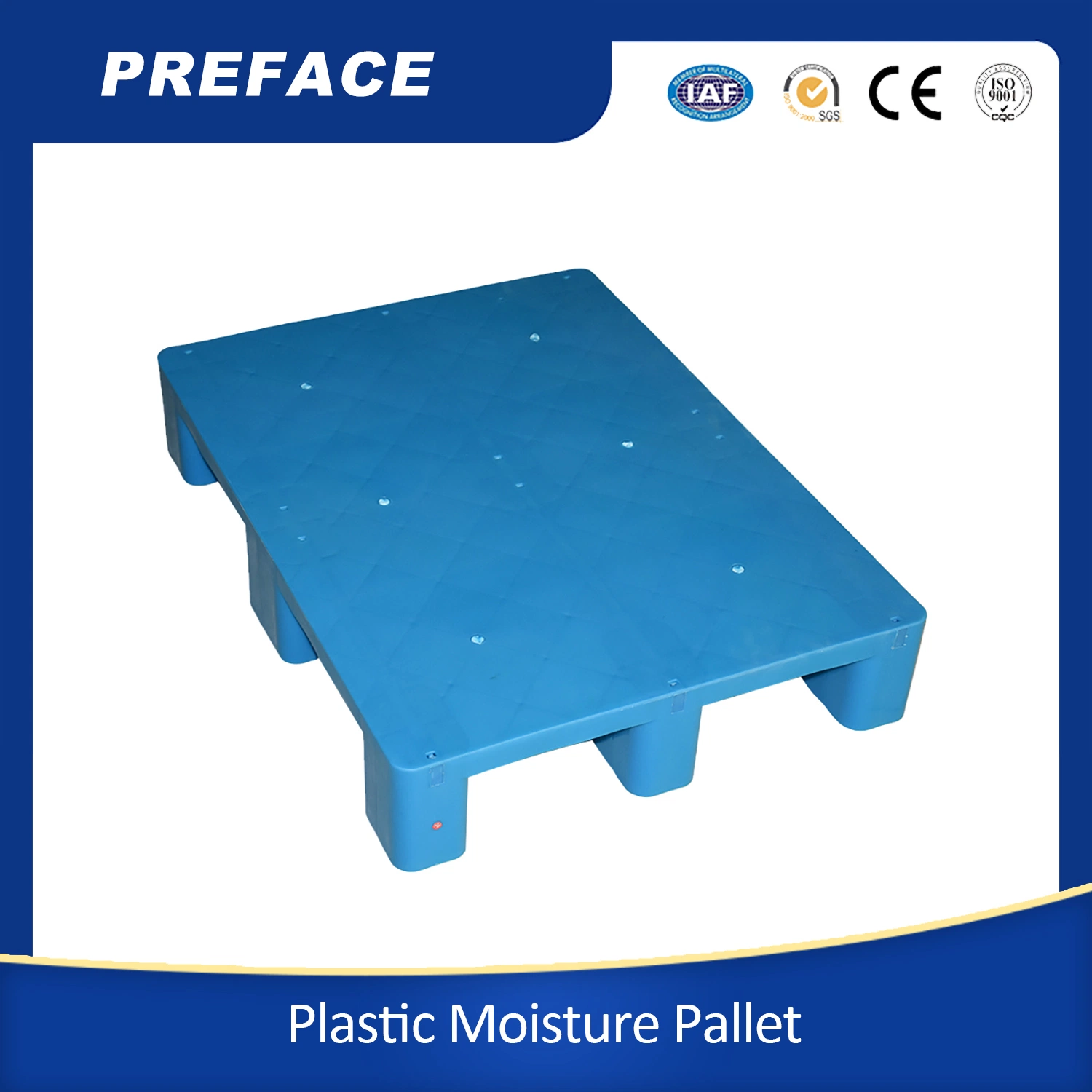 Vente chaude Supermarché Coussin Entrepôt Plateau en plastique imperméable à l'humidité avec plaque de support Palette plate en plastique hygiénique à grille Euro Palette lourde 3 traverses.