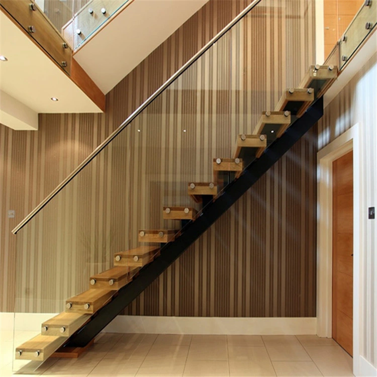 Modern Indoor Small Space Stairs Stainless Steel Wooden Straight Staircase