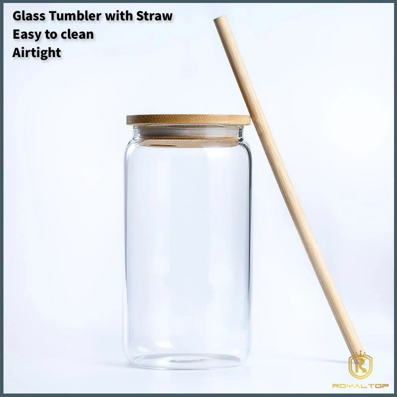 Bulk 12oz 16oz Tumbler Glass Beer Drink Coffee Juice Mug Clear Glass Can Cup with Bamboo Lid and Straw