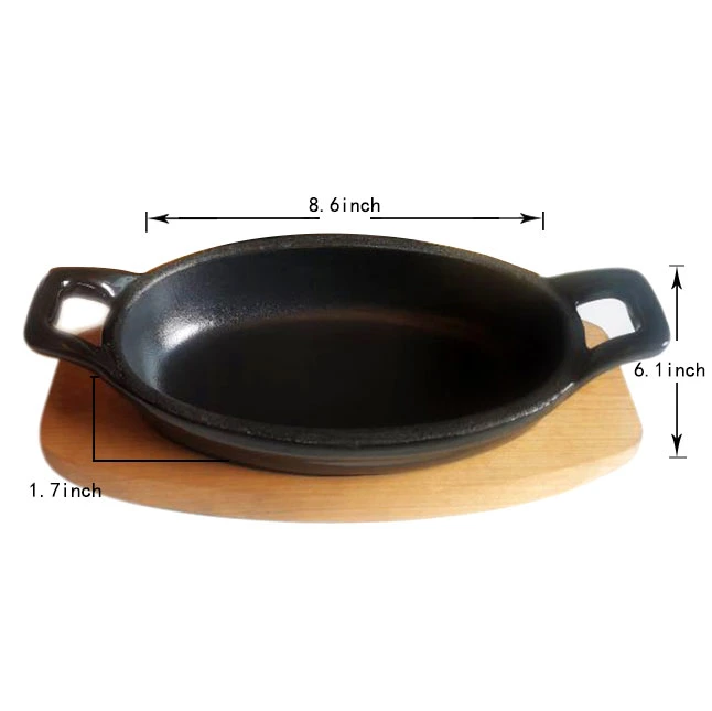 Oval Cast Iron Mini Sizzler Sizzling Pan Sizzler Serving Pan with Wooden Base Stand Tray Supplier From China