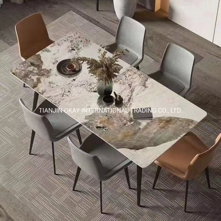 Modern Contemporary Nordic Stainless Steel Rectangular Ceramic Marble Top Dining Room Table Mesas Sets Furniture with Chairs