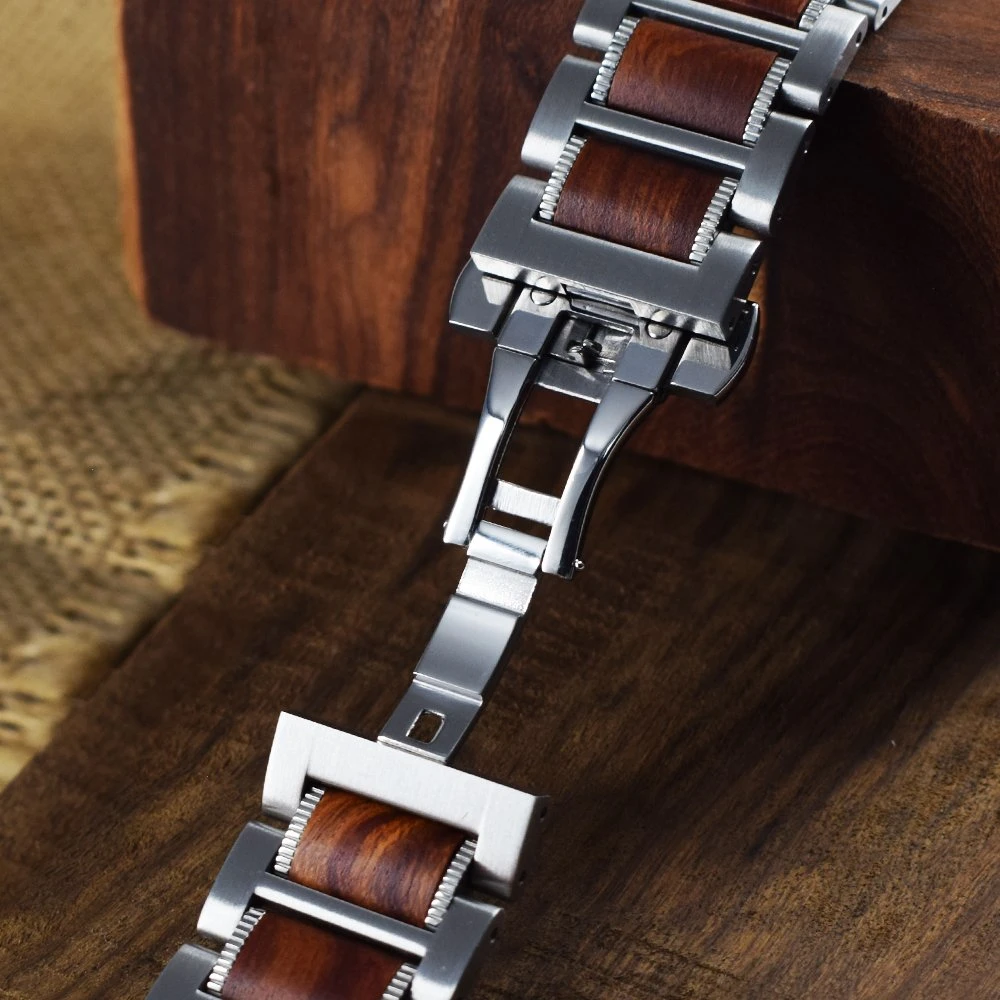 New Factory Price Watch Band fashion Stainless Steel with Wood Watch Band with Butterfly Buckle