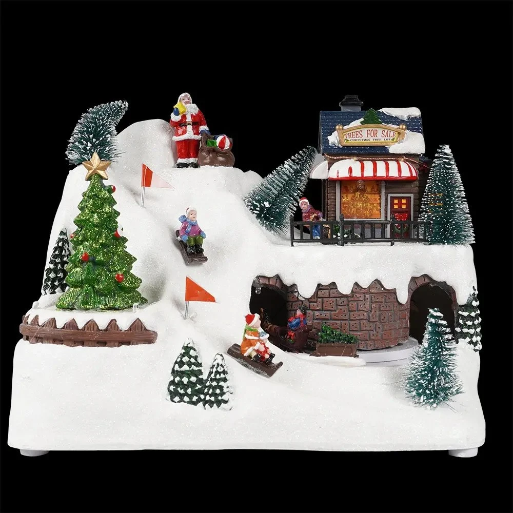 LED Light up Xmas Scene Fiber Optic Resin Musical Animated Christmas Village with Rotating Train and Skater Ornament