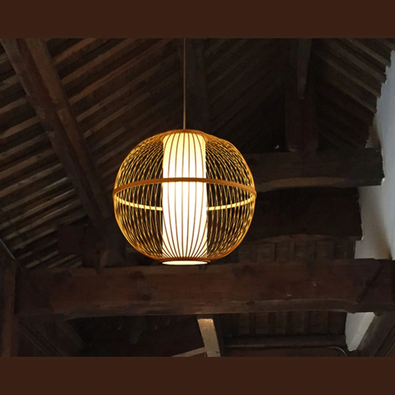 Suspensão de madeira artesanal Creative Round Bamboo Lantern Pendant Light (WH-WP-25)