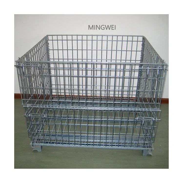 Mingwei Metal Pallet Wire Mesh Container almacén Caja plegable Contenedor con ruedas Acero apilable jaula de almacenamiento de material Industrial