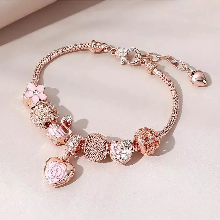 Rose Gold Rhinestone Crystal Flower Heart Charm Bracelet