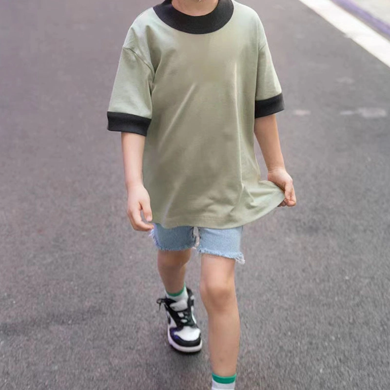 Clothing Manufacture Whole Sale High quality/High cost performance Soft Round Neck Design Drop Shoulder Blank Kids Ringer Tshirts