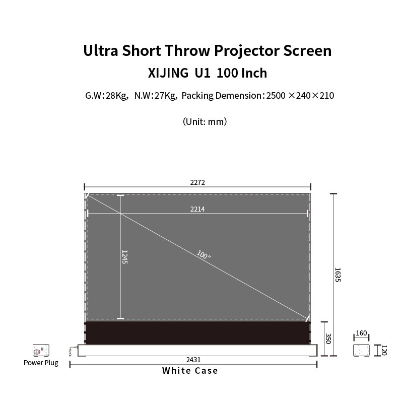 Xijing U1 Motorized 100-Inch Projector Screen Indoor Electric 16: 9 Wall Mounted Movies/Meeting Conference Retractable Projector Screen for Home School Office