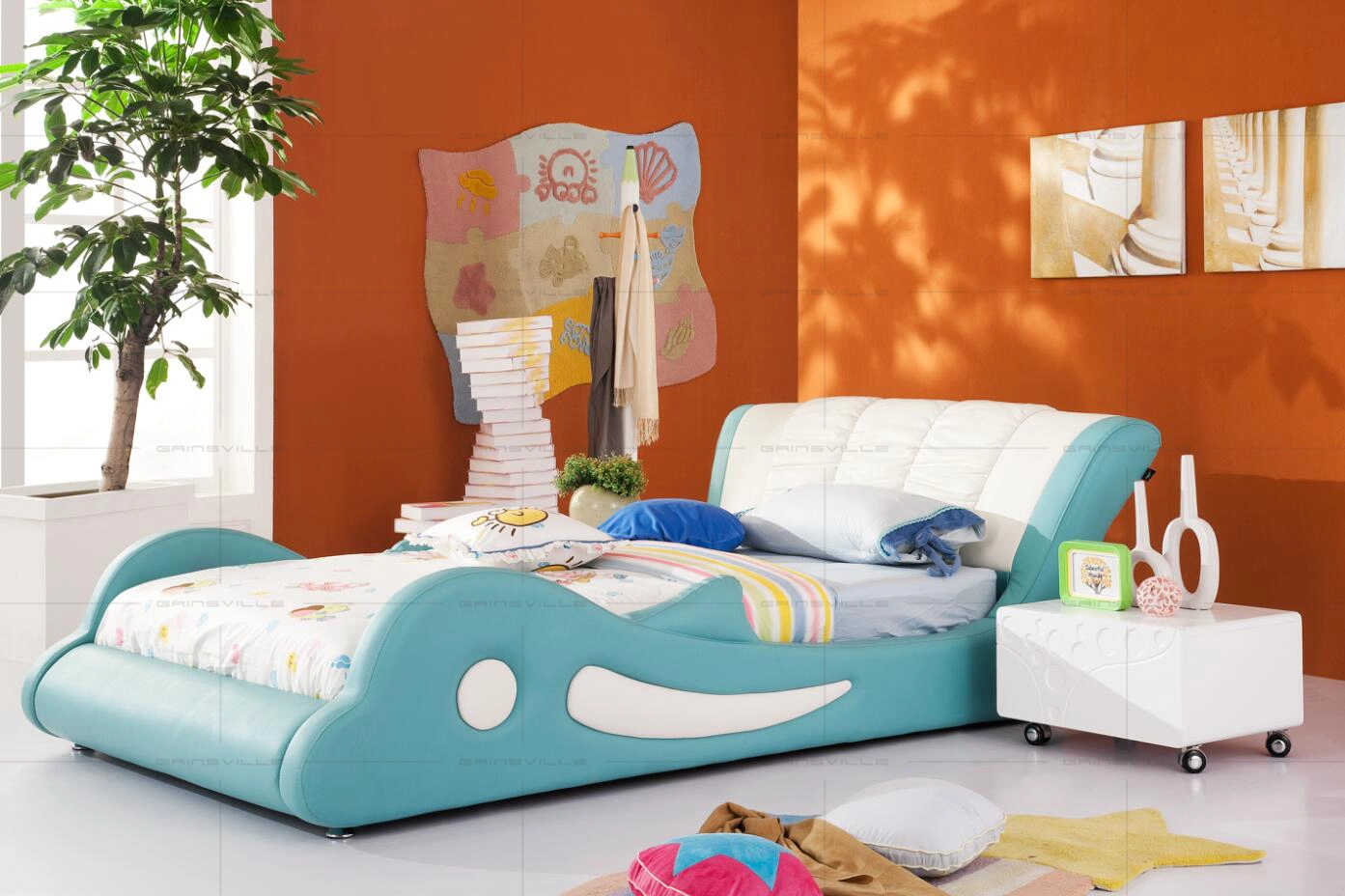 Kids Bedroom Furniture Fashion Cute Whale Leather Bed Design Little Girl/Boy Children Beds Set