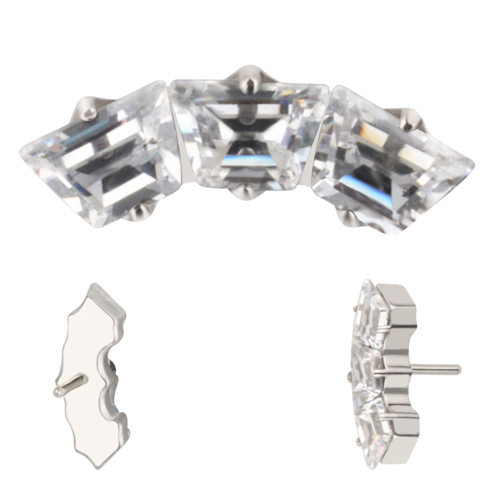 Titanium 3 Prong Set Trapezoid CZ 16g Internally Threaded Top Lip Ring