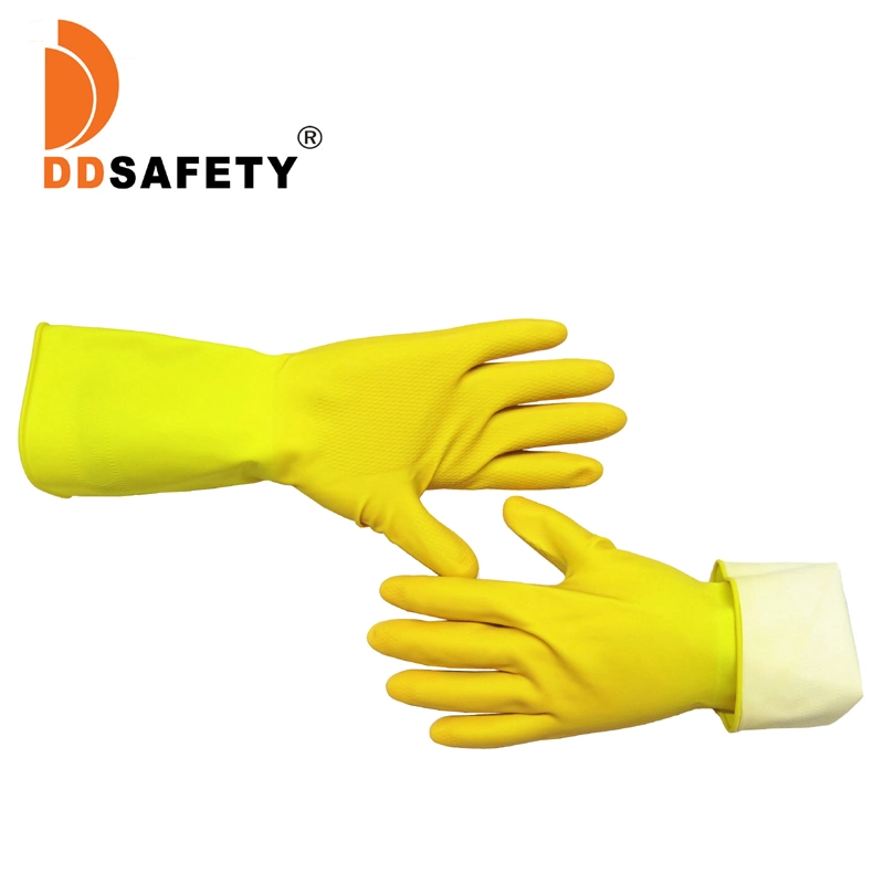 Custom Woman Gradient Yellow Latex Rubber Household Glove Dish-Washing Cleaning Fishscale Grip