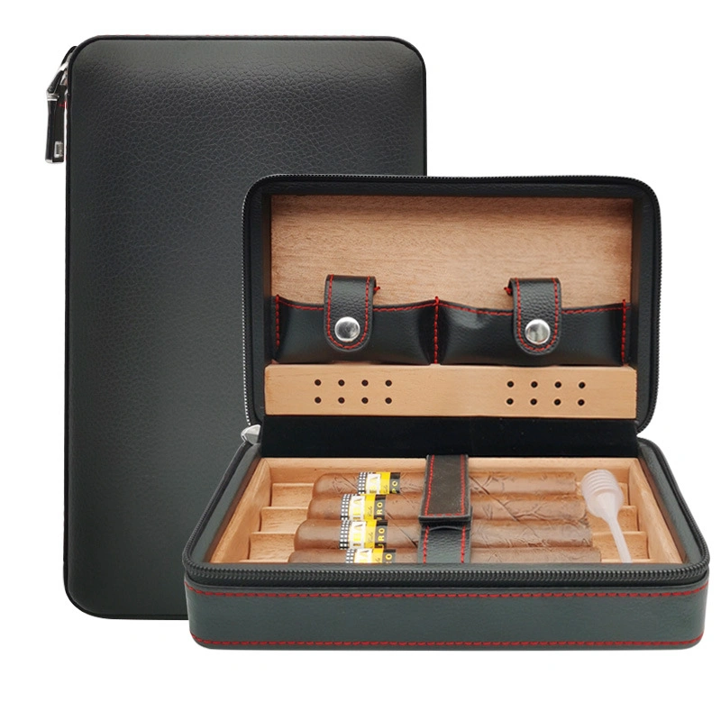 Portable Cedar Wood Cigar Humidor Box Leather Wrap Travel Cigar Cigarette Case Storage 4 Cigars Box Humidor Humidifier Cigar Storage Cigar Case Cigar Humidor