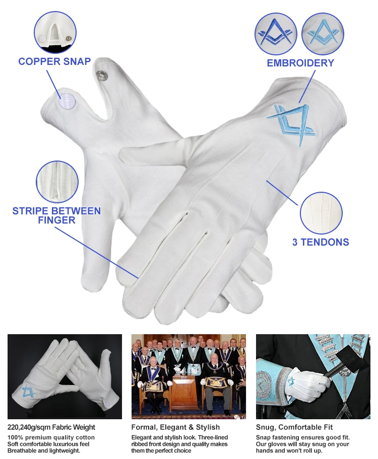 Blanc de haute qualité confortable réutilisable compas formelle léger carré bleu symbole maçonnique Cérémonies des gants de coton brodé