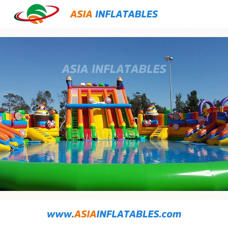 Candy Theme Amusement Inflatable Water Park with Slide Pool