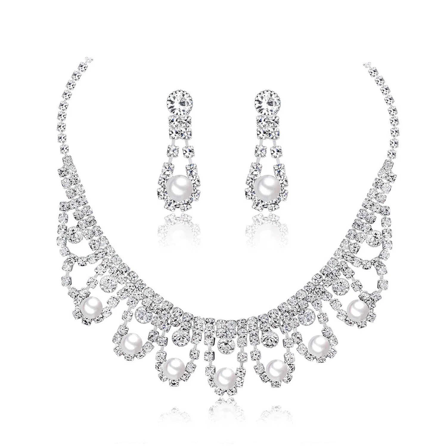 Rhinestone Crystal Bridal Floral Wave Teardrop Necklace Earrings Set