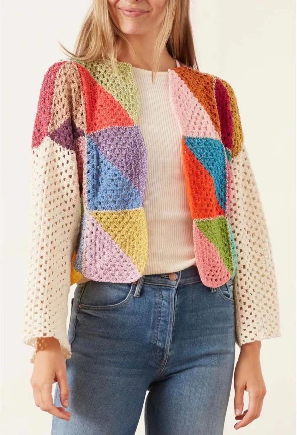 Ropa de moda para mujeres colorida, prendas de vestir de punto de ganchillo de acrílico para primavera y verano, diseñador de cárdigan de punto para mujeres.