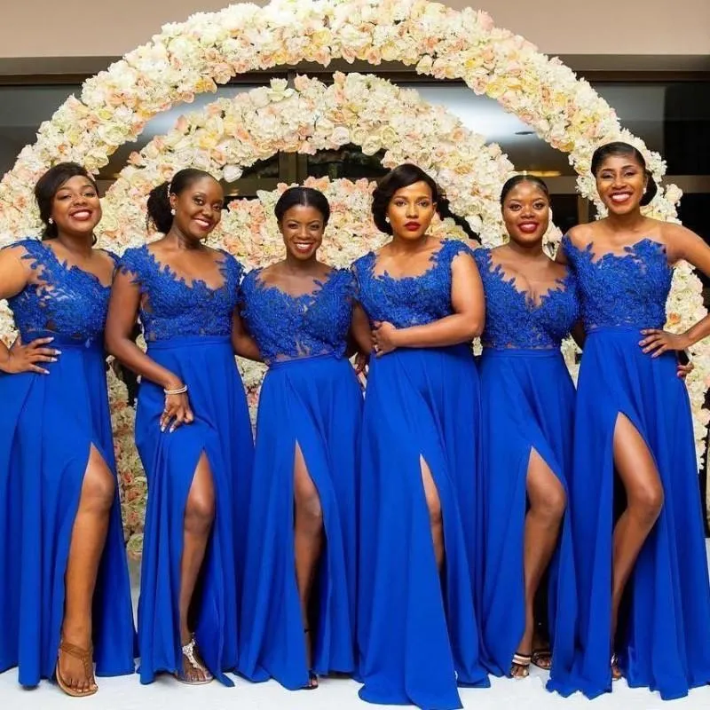 African Royal Blue Bridesmaid Dresses A Line Cap Sleeve Chiffon Lace Maid of Honor Gowns A9