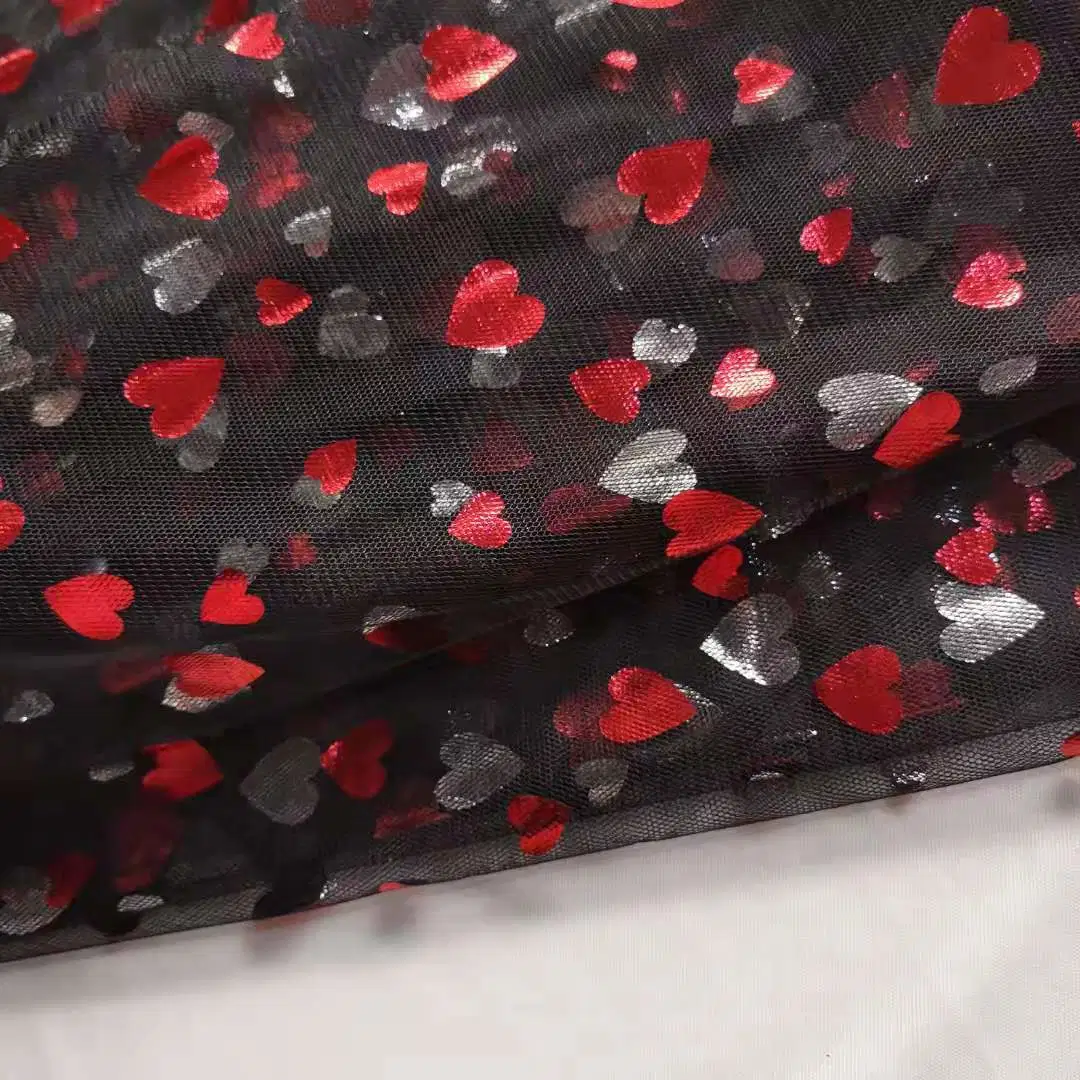 Polyester Digital Fabric Printing Blood Red Heart Color Foil Print Tulle Mesh Fabric