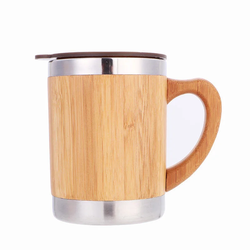 350ml New-Design Hot-Sell Wholesale/Supplier Sublimation Custom Printed Logo Bamboo Wood Stainless Steel Vacuum Insulation Thermal Coffee Tea Mug Cup with Handle and Lid