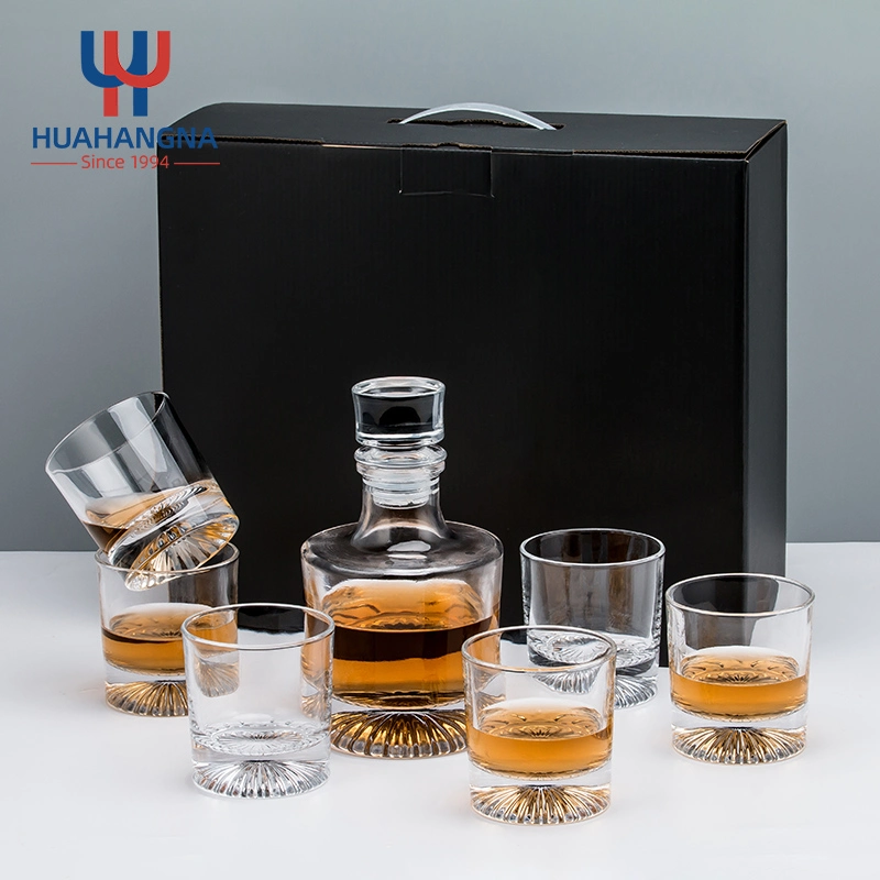 Huahangna Free Sample Classic Design 900ml Liquor Bottle Holder Whiskey Decanter Set with 6 Whisky Glasses in Gift Box for Gin Rum Tequila Wine