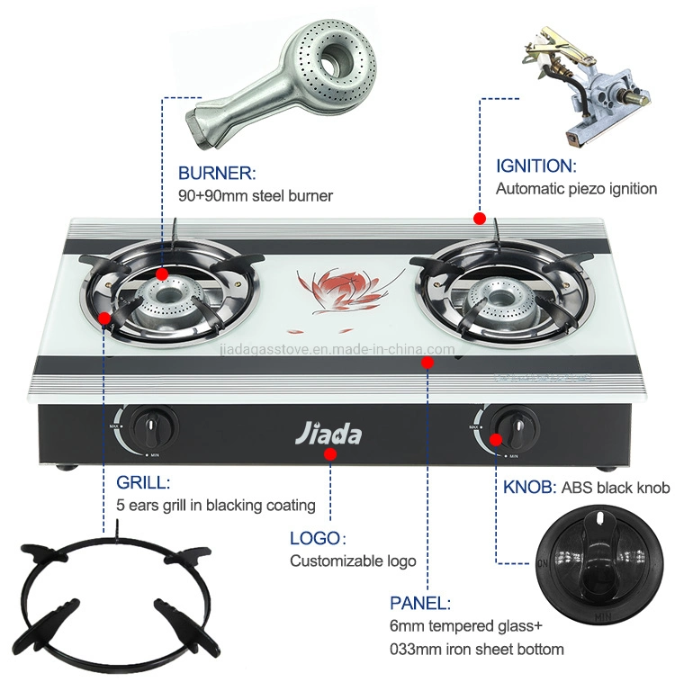 Marché africain Europe Support de poêle en émail Brûleur en fonte 2 brûleurs Cuisinière à gaz avec dessus en verre trempé