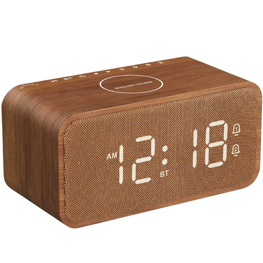 يدعم راديو FM لاسلكي بقوة 10 واط لشحن USB لاسلكيًا Bluetooth Wooden منبه الساعة