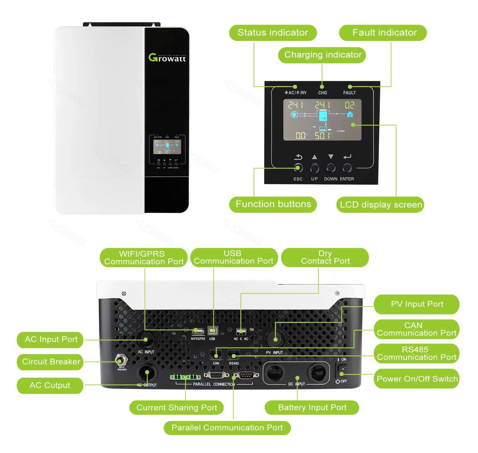 Growatt SPF 5000 Es Inversor de Energia Solar Off Grid 48V 5000W PV Inversor Solar com Função Paralela.