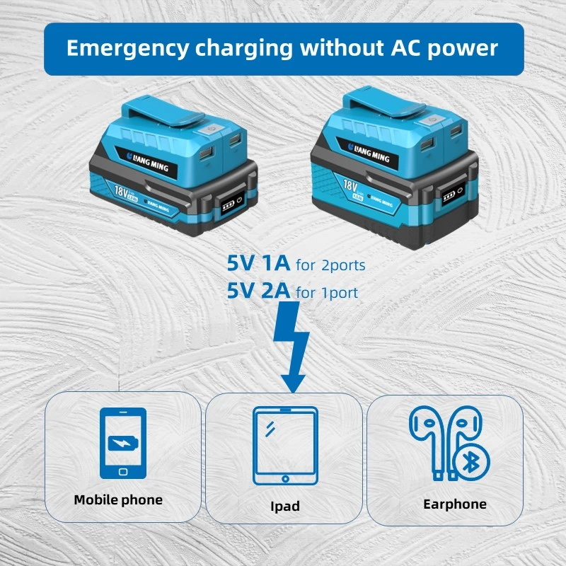 18V/20V rango inalámbrico de litio li-ion adaptador de corriente USB portátil