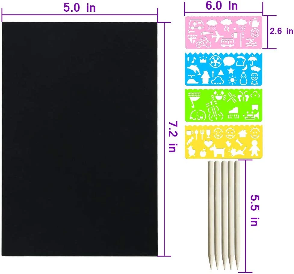 100 hojas de papel de arcoiris Scratch Art Set con 10 Lápiz de madera y 4 plantillas para niños bricolaje de Navidad Artesanía