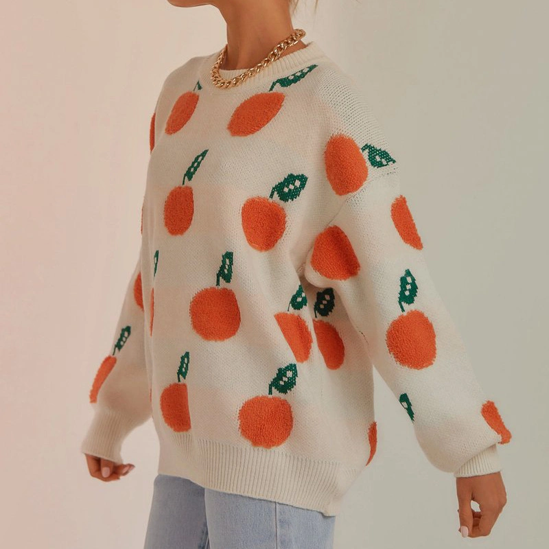 Orange Pattern Round Neck Long Sleeve Knitted Pullover Sweater