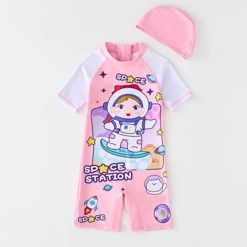 Lovely Cartoon Print One Piece Short Sleeve with Zip Girl Swimwear