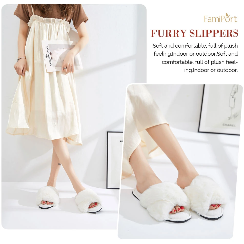 Women&prime; S Cross Band Fuzzy Slippers Fluffy Open Toe House Slippers Indoor Outdoor