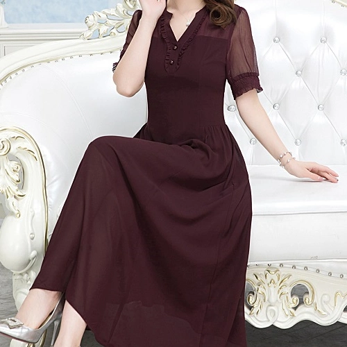 New Summer Ankle-Length Lace Short-Sleeved V-Neck with Button A-Line Plus Size Dresses Women