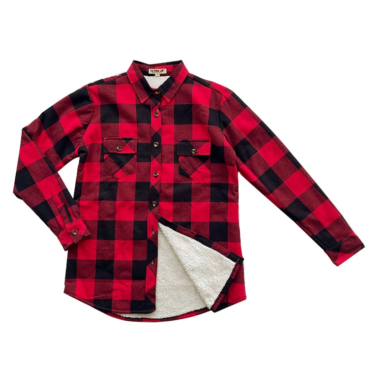 Winter Warm Custom Embroidery Logo Flannel Plaid Shirt Long Sleeve Button up Shirt Blouse for Women