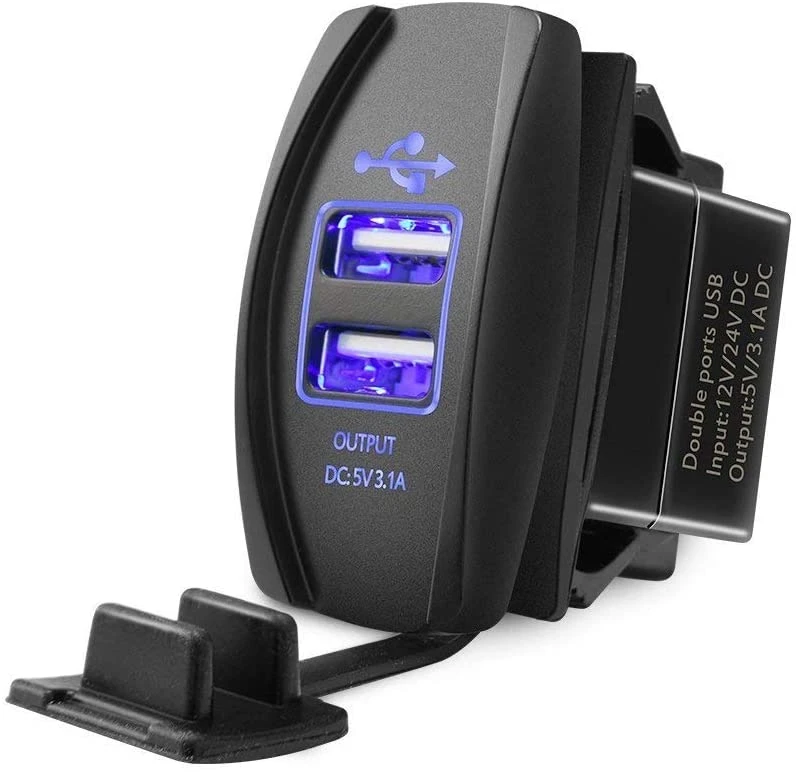 Universal Rocker Style Car USB Charger, with Blue LED Light Dual USB Power Socket for Rocker Switch Panel