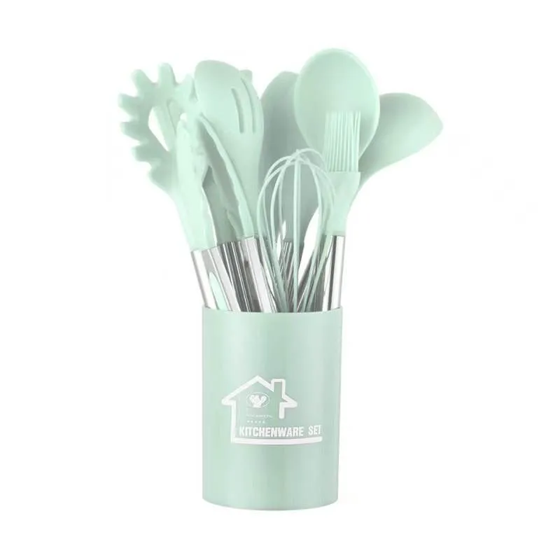 Super Septiembre silicona Herramientas de cocina Juego Utensilios de cocina Kit silicona Utensilios de cocina con mango de acero inoxidable