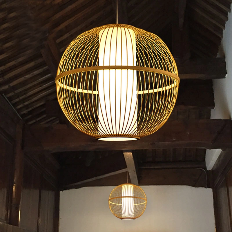 Suspensão de madeira artesanal Creative Round Bamboo Lantern Pendant Light (WH-WP-25)