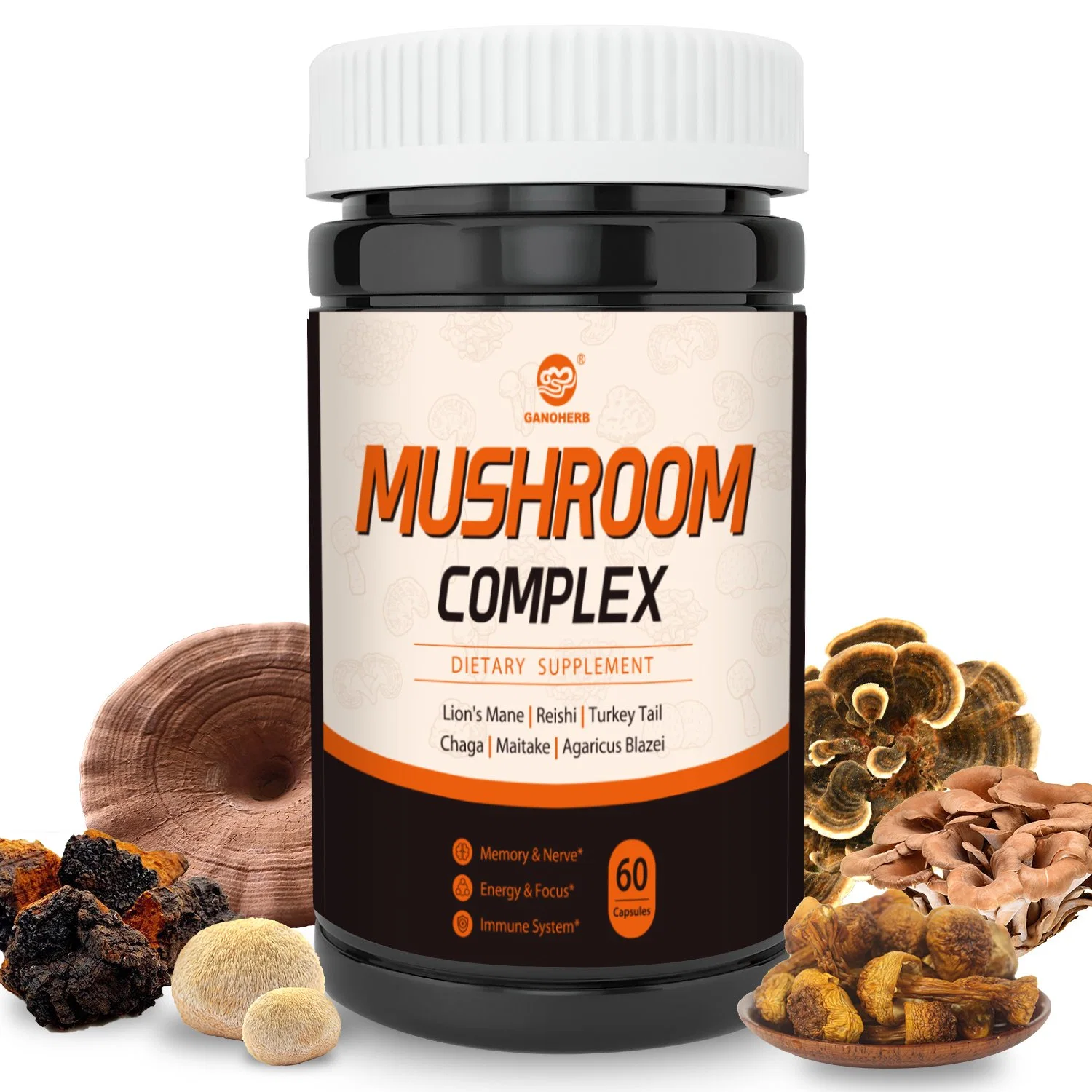 Paquete de Cápsulas del complejo Real Multi Mushrooms para el cerebro, la vitalidad y el apoyo inmune 250mg*60 Lions Mane, Reishi, Shiitake, Turkey Tail, Chaga, Agaaricus Blazei