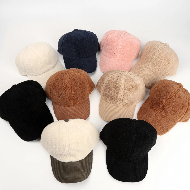 Female Japanese Korean Version Solid Color Lamb Velvet Corduroy Spliced Duck Autumn Winter Warm Hat Baseball Cap