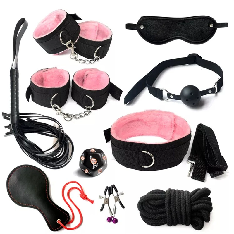 Herramientas de bondage Collar de cuello Esposas Látigo para azotar Venda para los ojos Juguetes sexuales BDSM para parejas