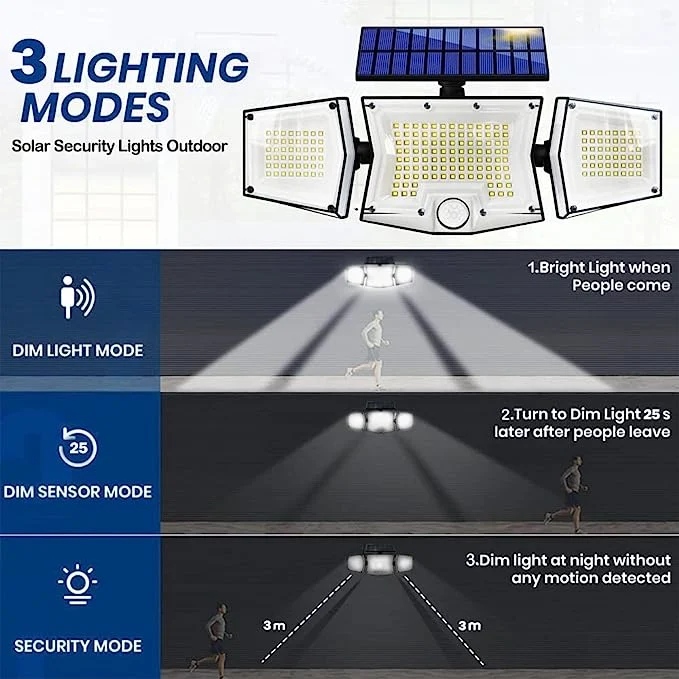 Luces de movimiento solar para exteriores luces de inundación impermeables Movimiento para exteriores sensor3 Cabezal ajustable 3000lm/199LEDs Iluminación 150sqm para patio de jardín de porche Patio